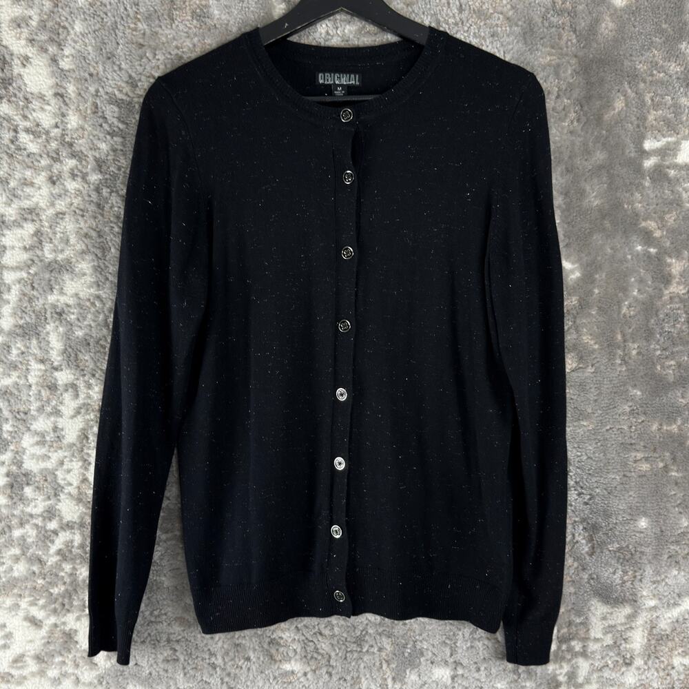 Nicole Miller Size M Shimmer Minimalist‎ Casual Cardigan Sweater Black